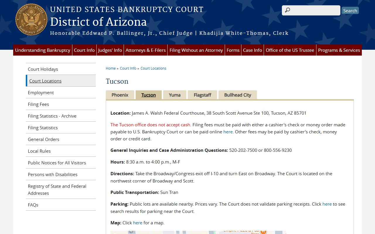 Tucson bankruptcy court details for Pima County bankruptcy records