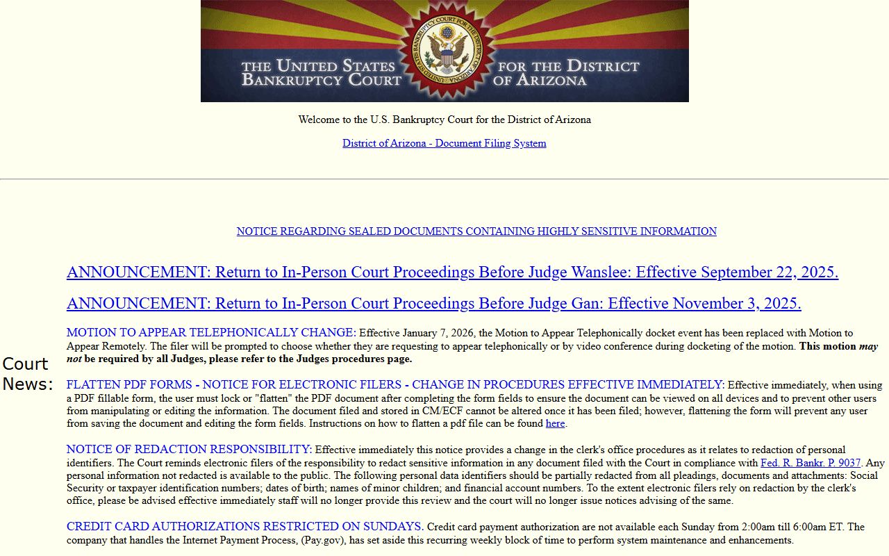 Arizona Bankruptcy Court CM/ECF login portal for case searches