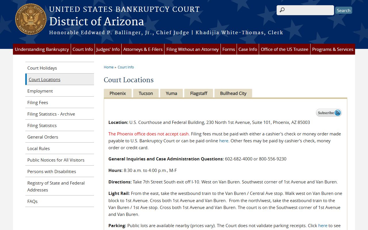 Arizona Bankruptcy Court locations and contact information page
