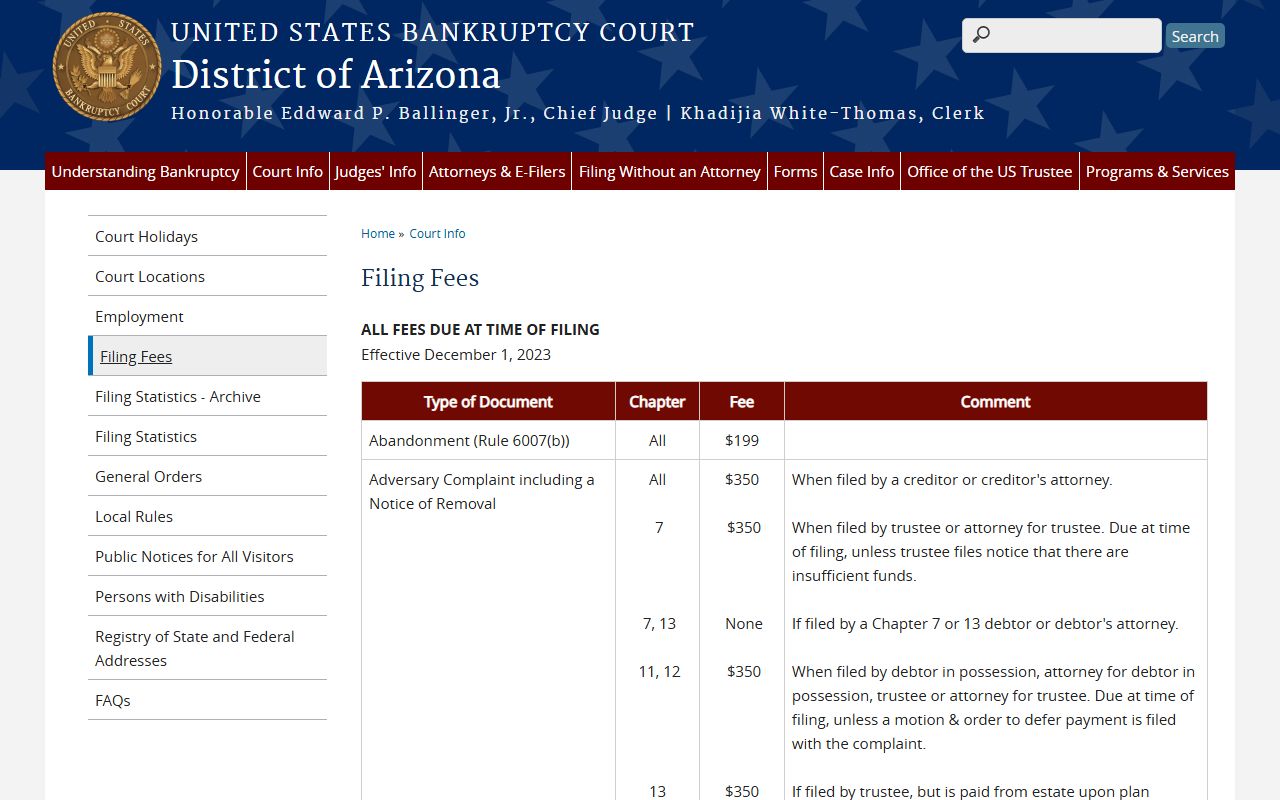 Arizona Bankruptcy Court current filing fee schedule