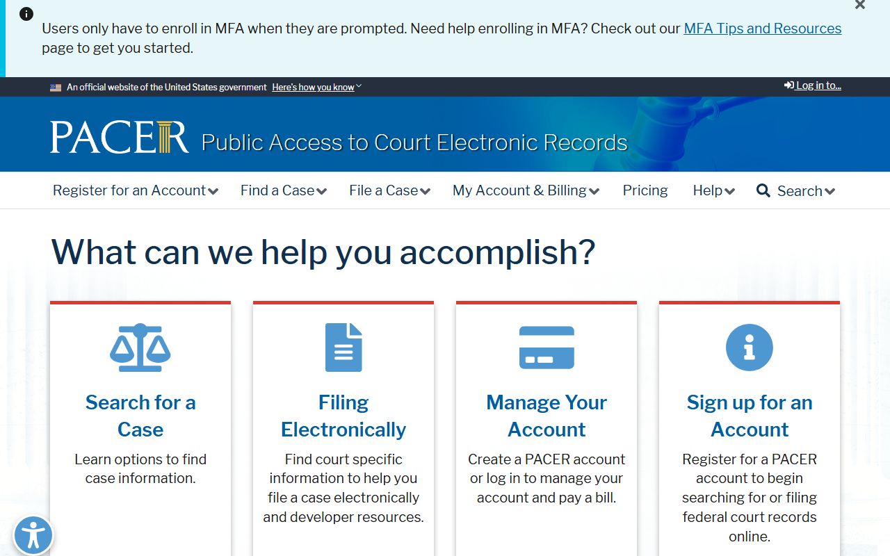 PACER registration portal for searching Arizona bankruptcy records