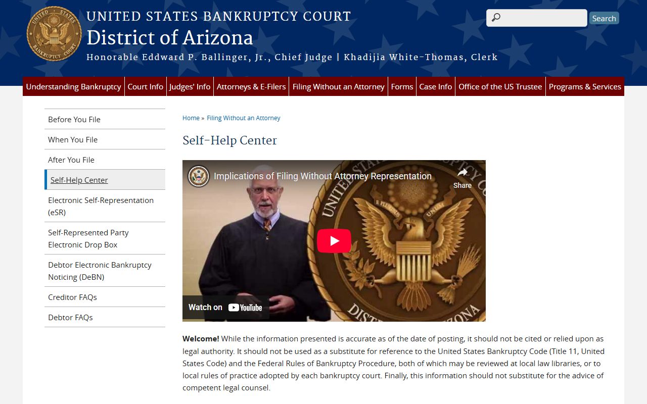 Arizona Bankruptcy Court Self-Help Center information page