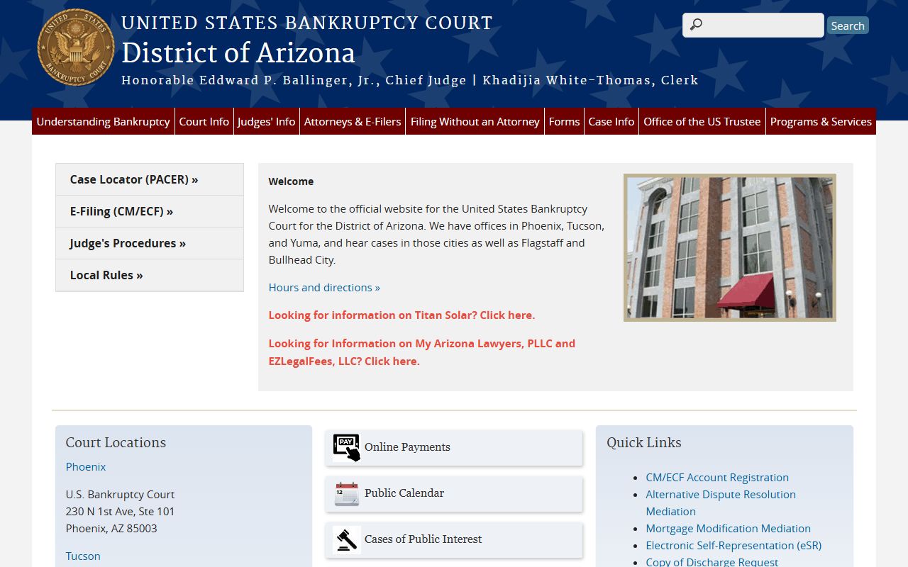 U.S. Bankruptcy Court District of Arizona homepage for Arizona bankruptcy records